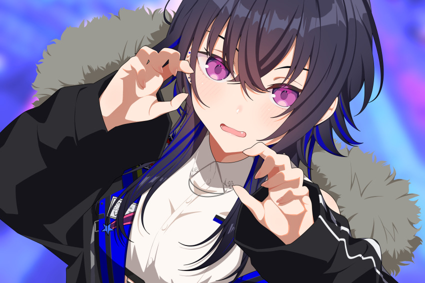 1girl black_jacket crossed_bangs curled_fingers ear_piercing earrings fur-trimmed_jacket fur_trim highres ichinose_uruha jacket jewelry long_sleeves looking_at_viewer multicolored_hair omas_lie open_mouth piercing purple_eyes shirt solo streaked_hair upper_body virtual_youtuber vspo! wavy_mouth white_shirt wolf_cut