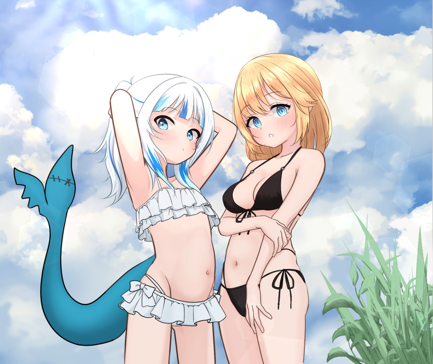 2girls adjusting_hair armpits bikini black_bikini blonde_hair blue_eyes blue_hair blunt_bangs breasts fins fish_tail flat_chest frilled_bikini frills fujimaroni gawr_gura highres medium_breasts multicolored_hair multiple_girls navel shark_girl shark_tail streaked_hair swimsuit tail two-tone_hair watson_amelia white_bikini white_hair