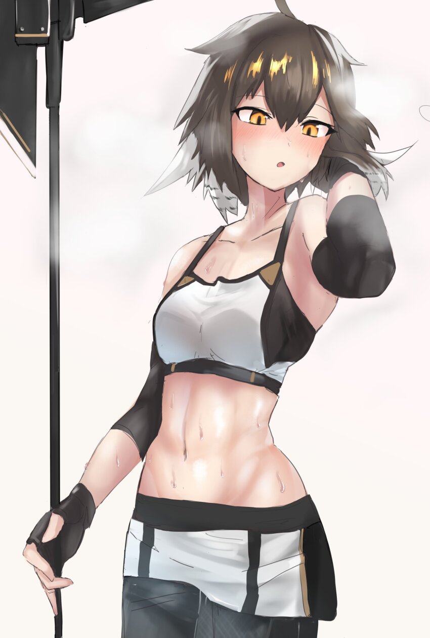 1girl absurdres ahoge arknights beret bird_girl black_gloves brown_hair collarbone crop_top feather_hair fingerless_gloves gloves hair_between_eyes halberd hat highres holding holding_polearm holding_weapon kirisame_tarou midriff multicolored_hair navel official_alternate_costume plume_(arknights) plume_(easy_time)_(arknights) polearm short_hair solo sports_bra sweat toned toned_female two-tone_hair weapon white_hair white_sports_bra yellow_eyes