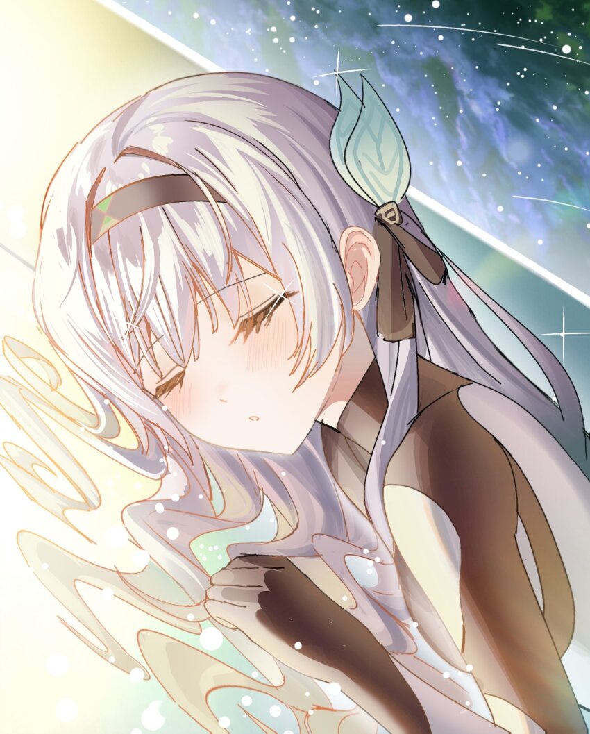 1girl black_bodysuit black_hairband black_ribbon blush bodysuit closed_eyes devl_ga_aru dutch_angle expressionless facing_viewer firefly_(ar-26710)_(honkai:_star_rail) firefly_(honkai:_star_rail) from_side hair_ornament hair_ribbon hair_spread_out hairband highres honkai:_star_rail honkai_(series) light_particles long_hair lying mecha_pilot_suit meteor_shower multicolored_bodysuit on_side parted_lips ribbon sidelighting sky sleeping solo sparkle star_(sky) starry_sky stasis_tank two-tone_bodysuit u_u upper_body white_bodysuit white_hair