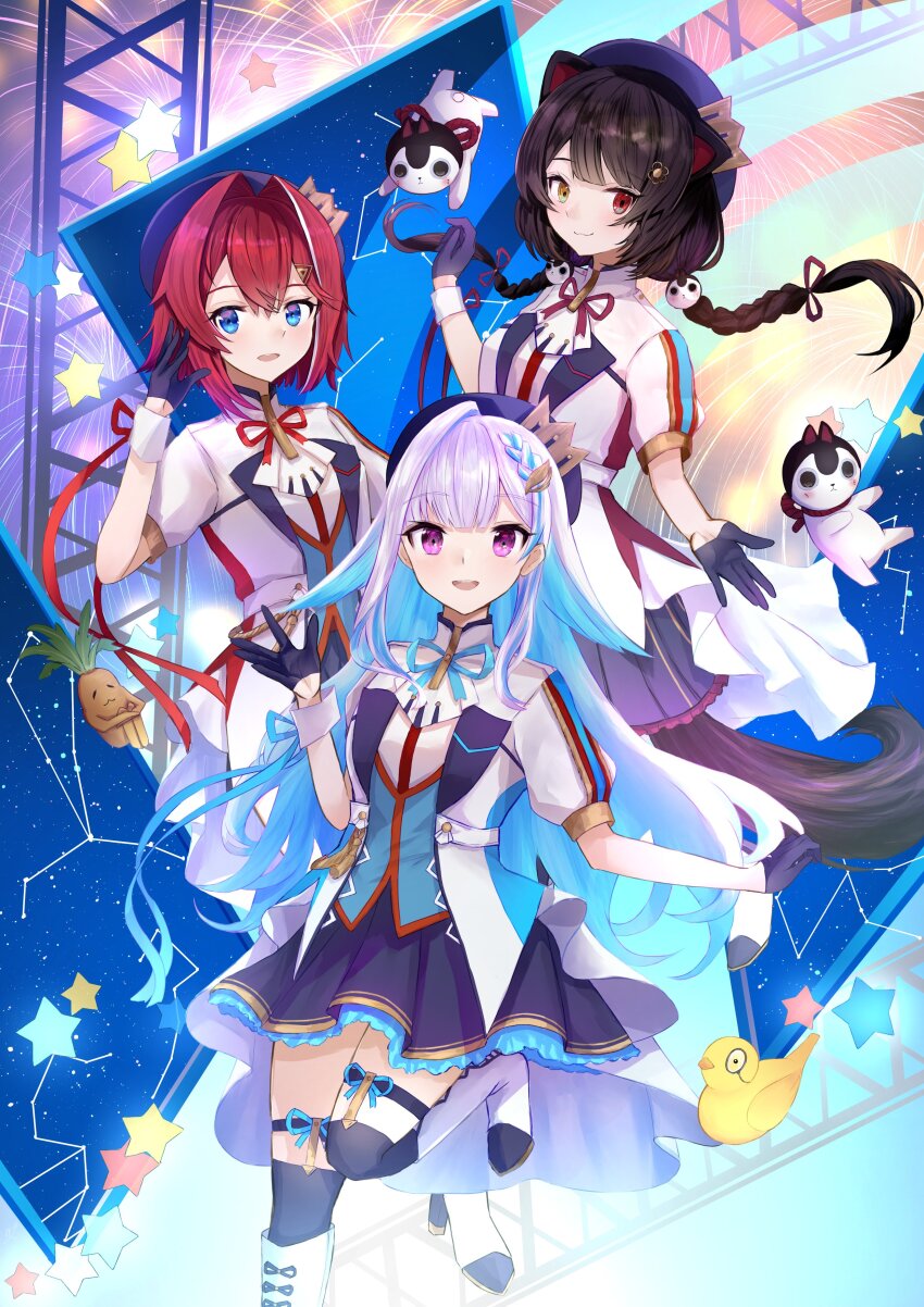 3girls absurdres ange_katrina animal_ears animal_hair_ornament banken_(inui_toko) beret bird blue_gloves blue_hair blue_hat blue_ribbon blue_skirt blue_thighhighs boots braid breasts brown_hair brown_tail closed_mouth colored_inner_hair commentary_request constellation constellation_request crown_hat_ornament dog_ears dog_girl dog_tail fireworks floating_hair flower frilled_skirt frills garter_straps gloves hair_flower hair_intakes hair_ornament hair_ribbon half_gloves hand_up hat heterochromia highres inui_toko jacket knee_boots lapels lize_helesta long_hair looking_at_viewer low_twintails mandragora_(ange_katrina) miniskirt monocle multicolored_hair multiple_girls n3knp nijisanji open_mouth purple_eyes purple_ribbon red_eyes red_hair red_ribbon ribbon sanbaka_(nijisanji) sanbaka_anniversary_outfit sebastian_piyodore short_hair short_sleeves single_hair_intake skirt small_breasts smile star_(sky) star_(symbol) streaked_hair tail tail_under_clothes thigh_strap thighhighs triangle_hair_ornament truss twintails two-tone_hair very_long_hair virtual_youtuber white_boots white_hair white_jacket white_wrist_cuffs wrist_cuffs wrist_ribbon yellow_bird yellow_eyes