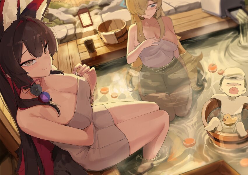 1boy 2girls absurdres animal_ear_fluff animal_ears averting_eyes black_flower black_hair blonde_hair blue_archive blue_eyes blush breasts bucket cleavage closed_mouth colored_inner_hair dog_ears dog_girl doodle_sensei_(blue_archive) flower fox_ears fox_girl fox_tail gurenola hair_between_eyes hair_flower hair_ornament hair_over_one_eye hair_ribbon highres holding holding_towel in_bucket in_container in_water kanna_(blue_archive) kneeling large_breasts long_hair looking_at_viewer multicolored_hair multiple_girls naked_towel nervous_smile onsen red_ribbon ribbon rubber_duck sensei_(blue_archive) sidelocks sitting smile tail towel two-tone_hair wakamo_(blue_archive) yellow_eyes