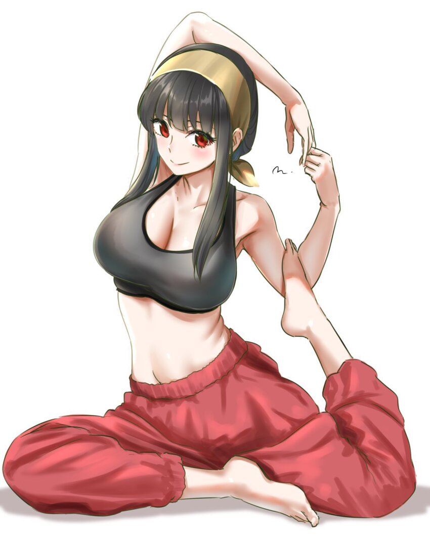 1girl arm_up bare_arms bare_shoulders barefoot black_hair blunt_bangs blush breasts cleavage closed_mouth collarbone commentary_request eyebrows_hidden_by_hair eyelashes full_body hairband hand_up highres large_breasts long_hair looking_at_viewer mitsugu own_hands_together pants red_eyes red_pants simple_background sitting smile solo split_mouth sports_bra spy_x_family tsurime white_background yellow_hairband yoga yor_briar