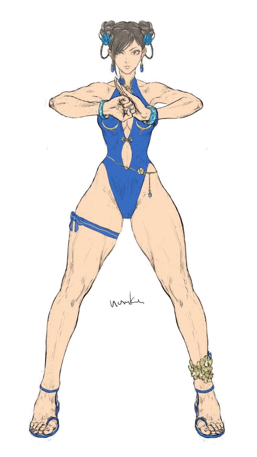 1girl blue_one-piece_swimsuit bracelet braid braided_hair_rings breasts capcom chun-li cleavage double_bun fist_in_hand flat_color flower hair_bun hair_flower hair_ornament hair_rings highleg highleg_one-piece_swimsuit highres jewelry legs_apart looking_at_viewer muscular muscular_female nom1207 official_alternate_costume official_alternate_hairstyle one-piece_swimsuit own_hands_together palm-fist_greeting sandals solo street_fighter street_fighter_6 swimsuit thigh_gap