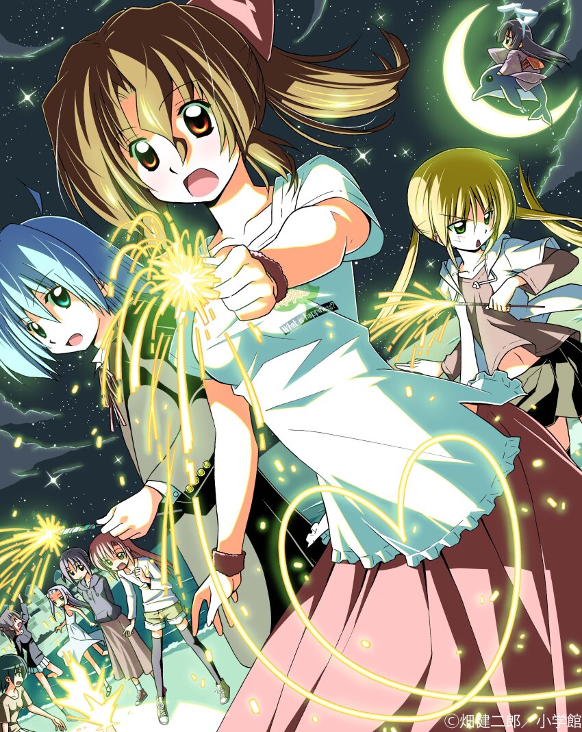 1boy 6+girls absurdres animal_ears artist_name asakaze_risa ayasaki_hayate beach black_hair blonde_hair blue_eyes blue_hair blush breasts brown_hair chibi collarbone dolphin dress fake_animal_ears fireworks green_eyes hanabishi_miki hata_kenjirou hayate_no_gotoku! highres hood hooded_jacket hoodie jacket katsura_hinagiku large_breasts long_hair long_skirt long_sleeves maria_(hayate_no_gotoku!) miniskirt moon multiple_girls navel night night_sky nishizawa_ayumu ocean official_art pink_hair ponytail purple_hair rabbit_ears red_eyes saginomiya_isumi sanzen&#039;in_nagi segawa_izumi shoes short_hair short_shorts short_sleeves shorts skirt sky sleeveless sleeveless_dress smile sparkler star_(sky) starry_sky thighhighs twintails wristband yellow_eyes zettai_ryouiki