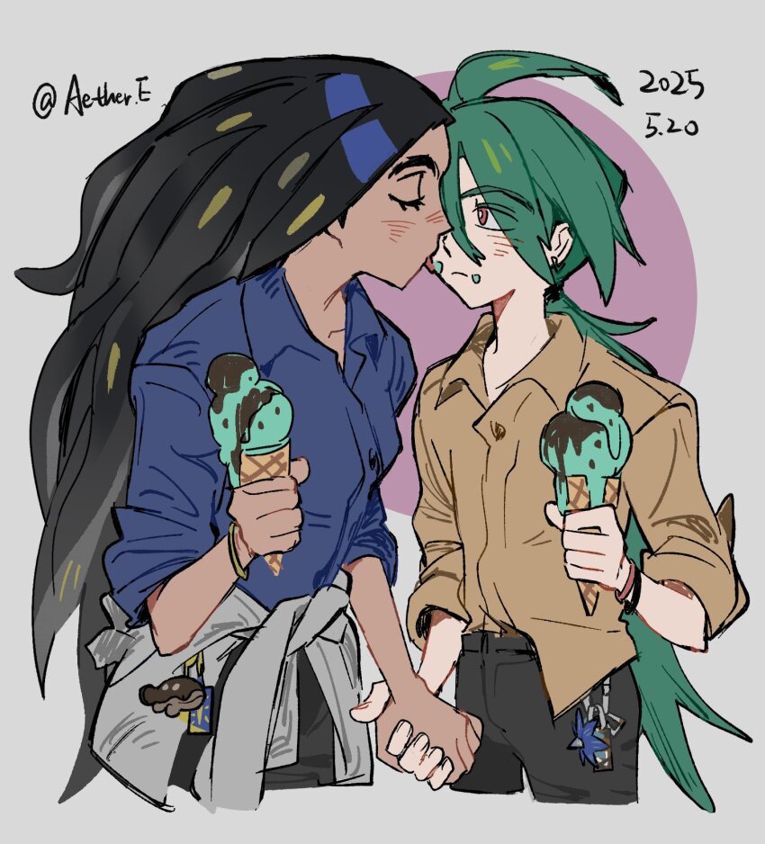 2girls ahoge androgynous black_hair blue_shirt brown_shirt charm_(object) closed_eyes clothes_around_waist cowboy_shot cropped_legs dated food food_on_face geeta_(pokemon) green_hair highres holding holding_hands holding_ice_cream_cone ice_cream_cone licking licking_another&#039;s_face long_hair multiple_girls nintendo pokemon pokemon_sv reverse_trap rika_(pokemon) shirt standing t0mat8 tongue tongue_out white_background yuri