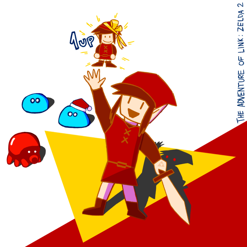 1boy bot_(zelda) creature doll elf full_body grin hand_up hat highres link nintendo octorok pointy_ears red_eyes shadow_link sidelocks smile sword the_legend_of_zelda triforce tunic weapon zelda_ii:_the_adventure_of_link