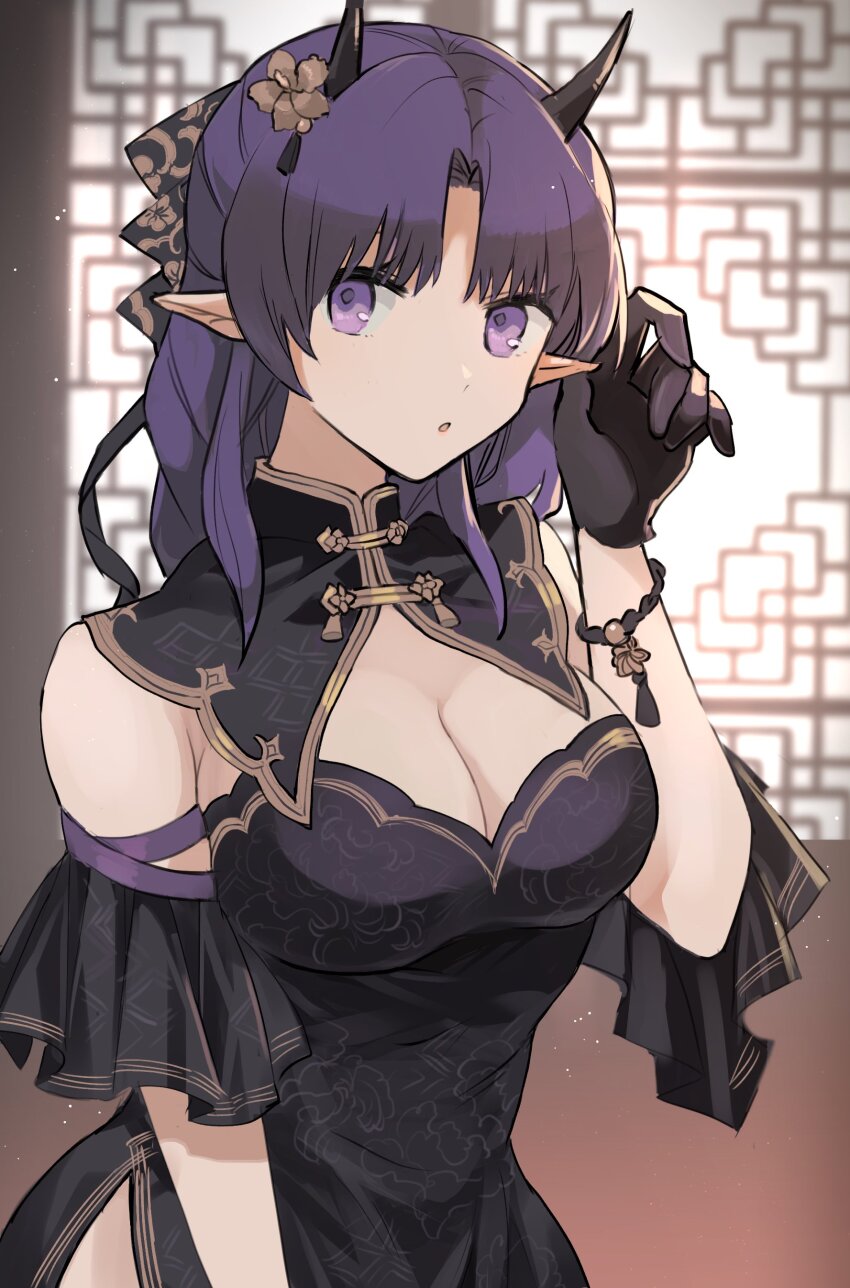 1girl absurdres arknights black_dress black_gloves bracelet breasts china_dress chinese_clothes cleavage detached_collar detached_sleeves dress flower gloves hair_flower hair_ornament highres horns jewelry lava_(arknights) lava_the_purgatory_(arknights) lava_the_purgatory_(dusk_wisteria)_(arknights) noshima pointy_ears purple_eyes purple_hair sideways_glance solo strapless strapless_dress