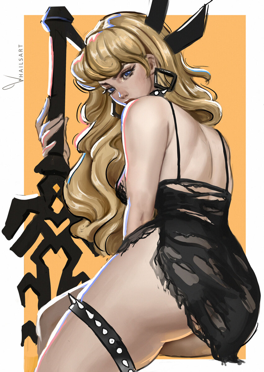 1girl ass back blonde_hair blue_eyes breasts cleavage_cutout clothing_cutout earrings highres huge_weapon jewelry long_hair looking_at_viewer magik_(x-men) marvel marvel_rivals solo sword torn_clothes weapon whails x-men