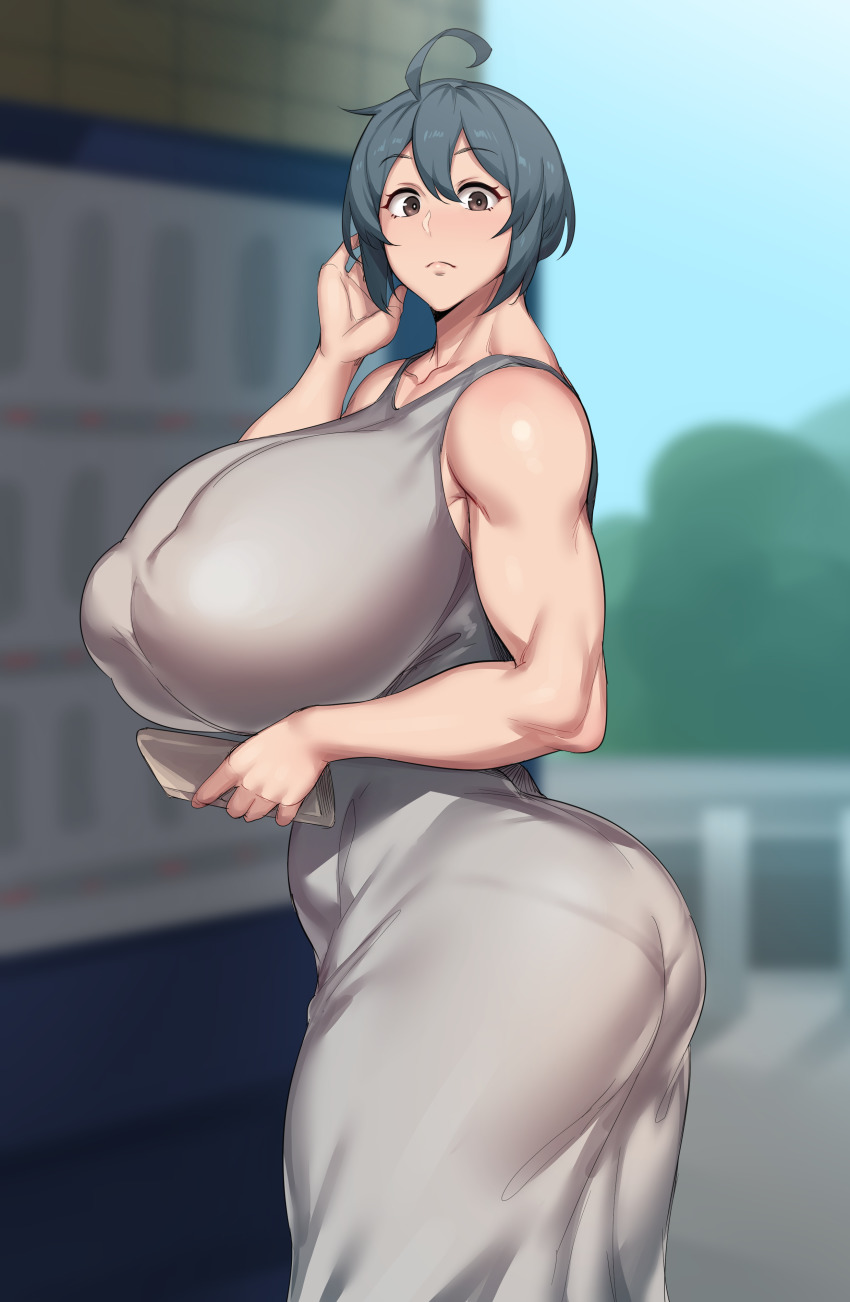 1girl absurdres ass blue_hair breasts curvy dress from_behind highres huge_ass huge_breasts looking_at_viewer mature_female natedecock natsumi_(natedecock) outdoors short_hair solo thick_thighs thighs wide_hips