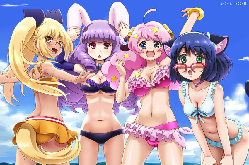 4girls :&lt; :d :o ahoge animal_ears arm_up ass awa bell bikini bikini_skirt black_bikini blonde_hair blue_eyes blue_hair blunt_bangs blush bow bow_bikini bracelet breasts cat_ears cat_tail choker chuchu_(show_by_rock!!) cleavage clenched_hand cloud cloudy_sky collarbone commentary commentary_request copyright_name cowboy_shot cyan_(show_by_rock!!) day detached_collar detached_sleeves dog_tail drill_hair artistic_error fang frilled_bikini frills from_behind glasses green_eyes hair_ornament hair_ribbon hand_on_own_ear hands_on_own_thighs hands_on_thighs headgear jewelry large_breasts leaning_forward long_hair looking_at_viewer looking_back looking_over_eyewear medium_breasts midriff moa_(show_by_rock!!) multiple_girls navel neck_bell o-ring o-ring_bikini open_mouth outdoors outstretched_arms over-rim_eyewear pink-framed_eyewear pink_hair purple_eyes purple_hair rabbit_ears retoree_(show_by_rock!!) ribbon semi-rimless_eyewear sheep_ears short_hair show_by_rock!! skirt sky smile spread_arms standing star_(symbol) star_hair_ornament swimsuit tail tail_ornament tail_ribbon touching_ears twintails underboob yellow_bikini yellow_eyes yellow_skirt