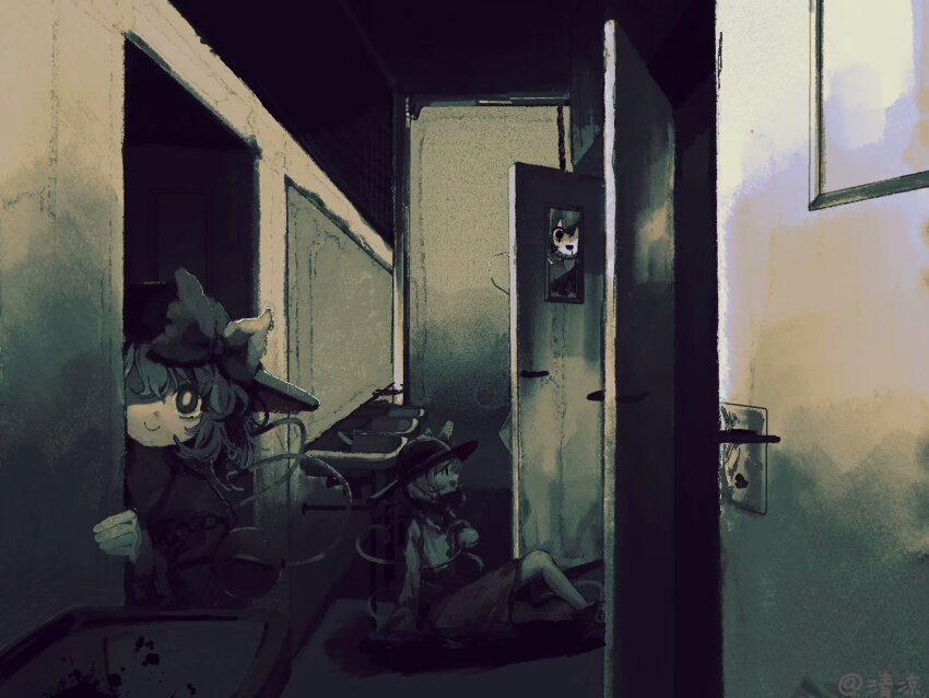 black_hat blouse bow door doorknob doorway frilled_shirt_collar frills hat highres indoors komeiji_koishi multiple_girls multiple_hat_bows open_door opening_door ribbon shirt short_hair smile touhou yellow_ribbon youshouhaoxianzhe