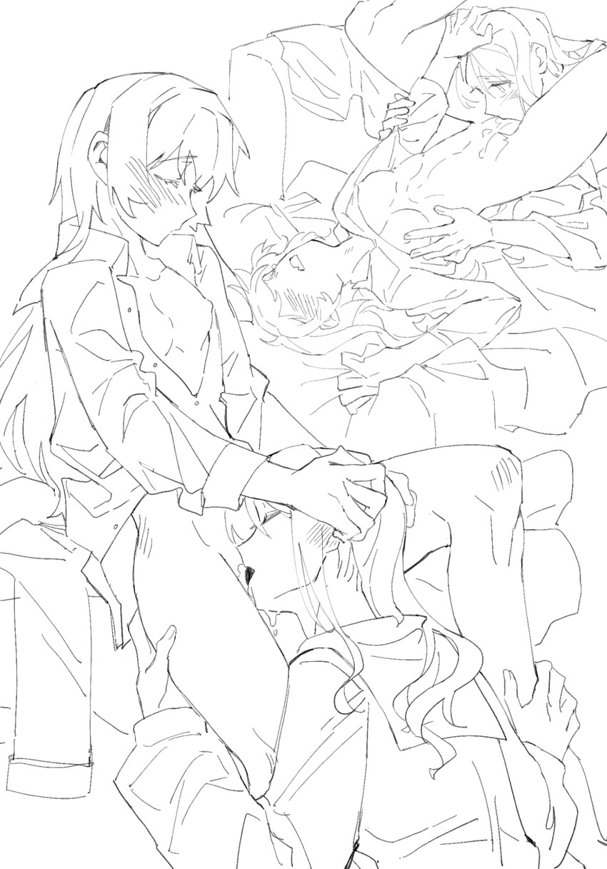 2girls bang_dream! bang_dream!_it&#039;s_mygo!!!!! between_legs blush bottomless breasts breasts_out chihaya_anon chinese_commentary closed_eyes collar commentary_request commission cunnilingus fang greyscale hand_on_another&#039;s_head highres lanserongjie long_hair monochrome multiple_girls nagasaki_soyo nipples open_clothes open_mouth open_shirt oral pussy_juice_on_face school_uniform second-party_source skin_fang small_breasts tongue tongue_out tsukinomori_school_uniform yuri