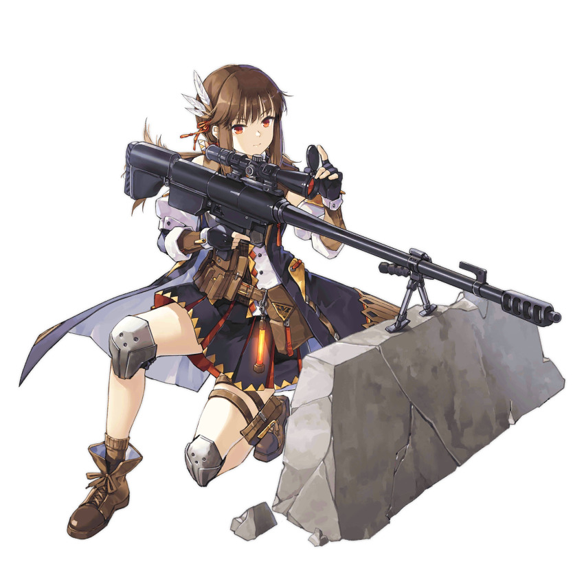 1girl anti-materiel_rifle behind_cover bird black_gloves boots brown_boots brown_hair brown_socks bullpup closed_mouth coat falcon falcon_(girls&#039;_frontline) falcon_(mod3)_(girls&#039;_frontline) falconry feather_hair_ornament feathers fingerless_gloves girls&#039;_frontline gloves glowstick gun hair_ornament hao_(patinnko) highres holding holding_gun holding_weapon jersey_barrier knee_pads long_hair looking_through_scope official_alternate_costume official_art penlight_(glowstick) red_eyes rifle scope simple_background sleeveless sleeveless_coat smile sniper_rifle socks solo third-party_source transparent_background trigger_discipline weapon zvi_falcon