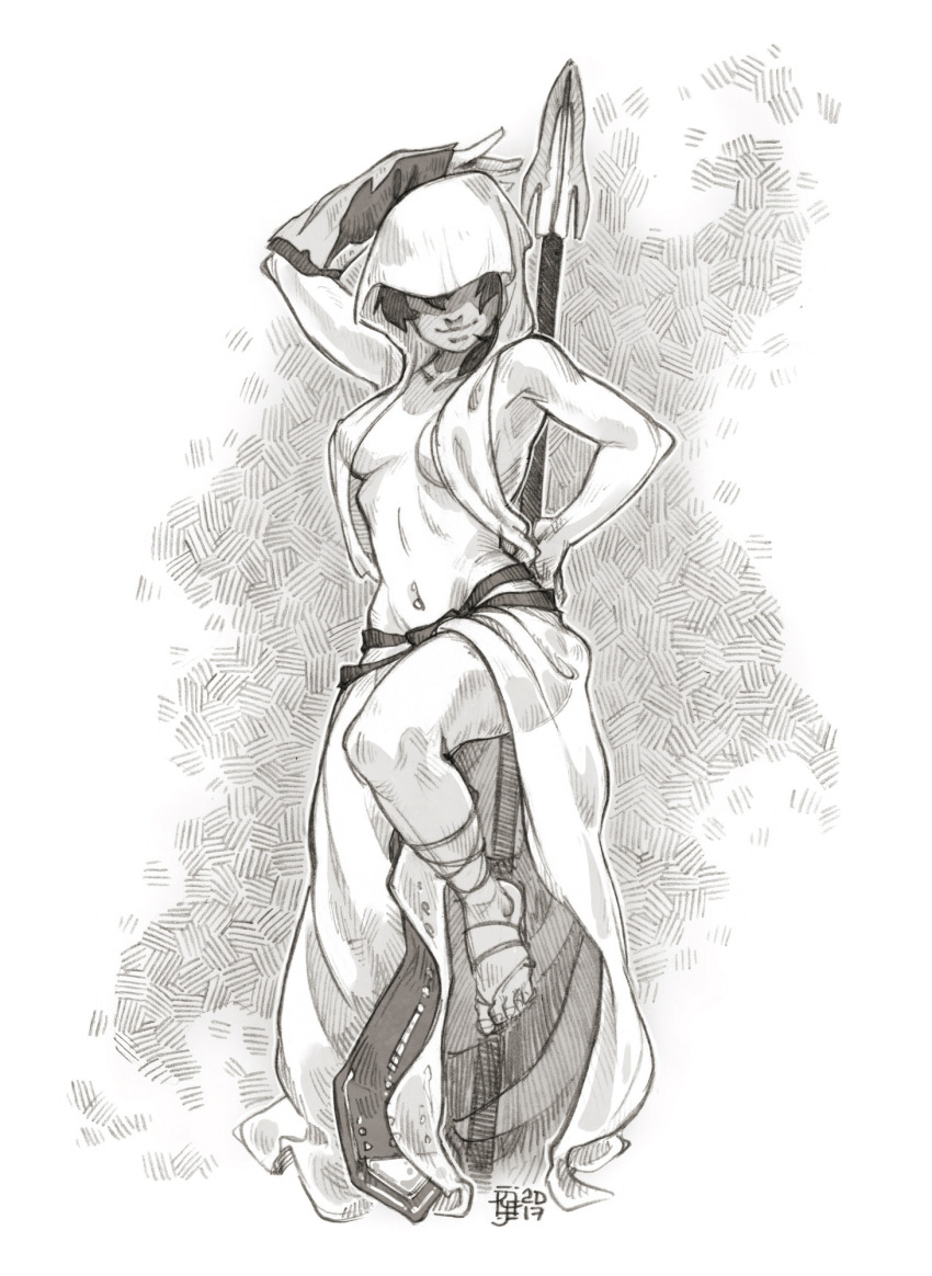 arm_over_head artist_logo breast_curtains breasts circe_(e.y.e:_divine_cybermancy) commentary dancer dancing dated e.y.e:_divine_cybermancy english_commentary full_body hand_on_own_hip highres hood_over_eyes hooded_dress knee_up leaning_on_object logo medium_breasts medium_hair monochrome navel navel_piercing piercing pole_dancing polearm revealing_clothes ryouhiko_ankuu sandals simple_background sketch smile spear weapon white_background woven_hatching