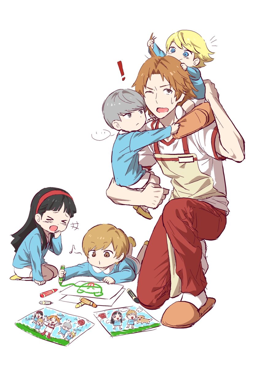 2girls 3boys aged_down amagi_yukiko brown_hair carrying grabbing_another&#039;s_hair hanamura_yousuke highres kuma_(persona_4) multiple_boys multiple_girls narukami_yu official_alternate_costume persona persona_4 picking_up piggyback satonaka_chie ssesse_1999