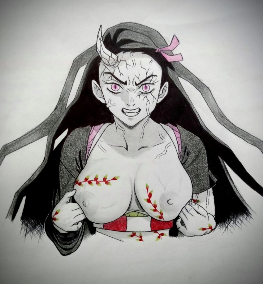 1girl angry arcai black_hair breasts breasts_out clenched_teeth collarbone demon_girl demon_horns flower_tattoo highres horn horns japanese_clothes kamado_nezuko kimetsu_no_yaiba kimono large_breasts long_hair looking_at_viewer nipples no_bra open_clothes open_kimono purple_eyes slit_pupils tattoo teeth traditional_media veins