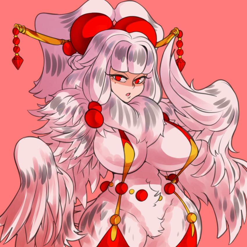 1girl breasts dizzyspells feathers flat_color garter_straps harpy highres huge_breasts mole mole_under_eye monster_girl open_mouth orb original red_background red_eyes suspenders thighhighs white_hair white_wings wings