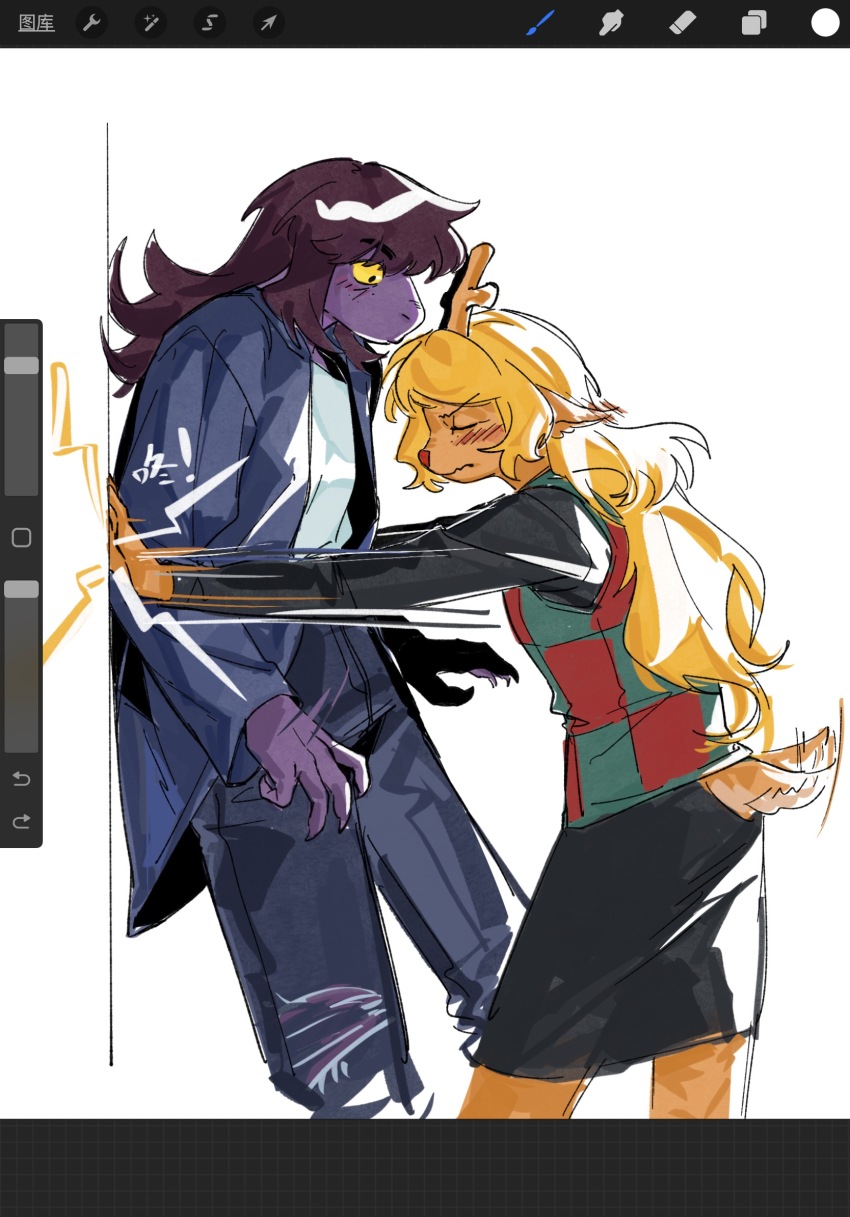 2girls animal_ears art_program_in_frame black_skirt blonde_hair blue_jacket brown_hair closed_eyes clothing_cutout colored_sclera colored_skin cowboy_shot deer_ears deer_girl deer_tail deltarune from_side furry furry_female furry_with_furry highres jacket kabedon long_hair moyi7239 multiple_girls noelle_holiday profile purple_skin skirt standing susie_(deltarune) tail tail_through_clothes tail_wagging utdr_(toby_fox) vest yellow_sclera yuri