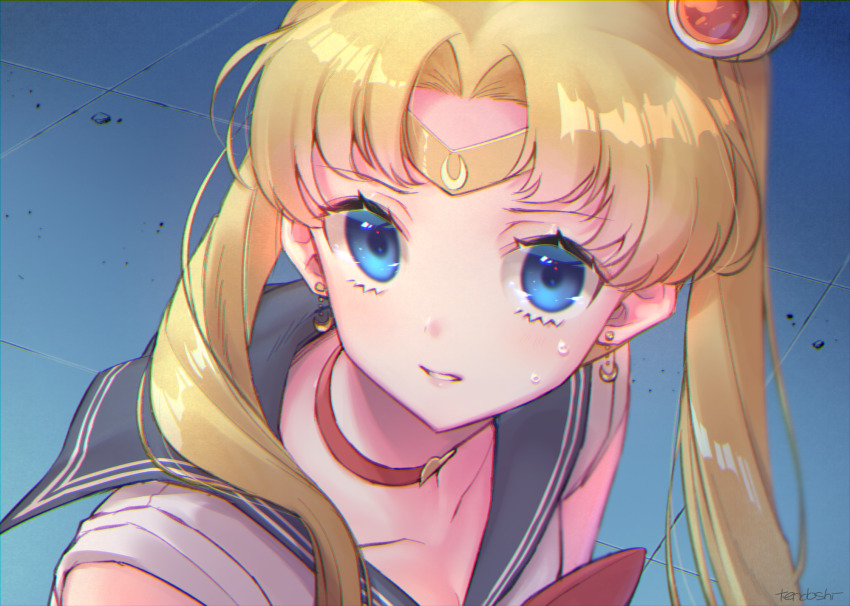 1girl bishoujo_senshi_sailor_moon bishoujo_senshi_sailor_moon_s blonde_hair blue_eyes blue_sailor_collar breasts choker cleavage collarbone commentary earrings eyelashes floating_earrings highres jewelry looking_to_the_side medium_breasts meme parted_lips red_choker sailor_collar sailor_moon sailor_moon_redraw_challenge_(meme) shirt solo sweatdrop symbol-only_commentary tendoshi tsukino_usagi twintails white_shirt