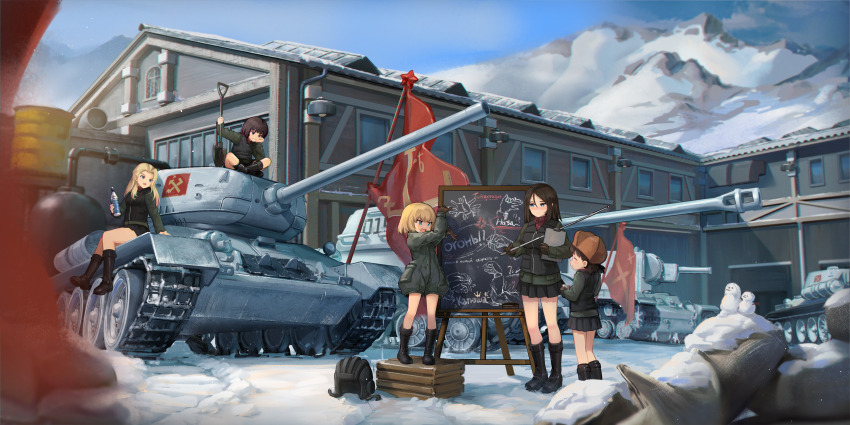5girls absurdres alina_(girls_und_panzer) barrier_mao black_footwear black_gloves black_hair black_headwear black_skirt black_vest blonde_hair blue_eyes blue_sky blurry blurry_background blurry_foreground board_eraser bob_cut boots bottle brown_headwear building chalkboard clara_(girls_und_panzer) clipboard closed_eyes commentary cyrillic depth_of_field emblem fang flag fur_hat girls_und_panzer gloves green_jacket green_jumpsuit grin hand_gesture hat head_rest helmet highres holding holding_bottle holding_clipboard holding_pointer holding_shovel indian_style is-2 jacket jumpsuit katyusha_(girls_und_panzer) kv-2 leaning_forward long_hair long_sleeves looking_at_another low_twintails military_uniform military_vehicle miniskirt motor_vehicle mountainous_horizon multiple_girls nina_(girls_und_panzer) nonna_(girls_und_panzer) outdoors pleated_skirt pointer pointing pravda_(emblem) pravda_military_uniform red_shirt russian_text shirt short_hair short_jumpsuit short_twintails shovel sitting skin_fang skirt sky smile snow snowman standing swept_bangs t-34 tank tank_helmet translation_request turtleneck twintails unworn_headwear unworn_helmet ushanka vest
