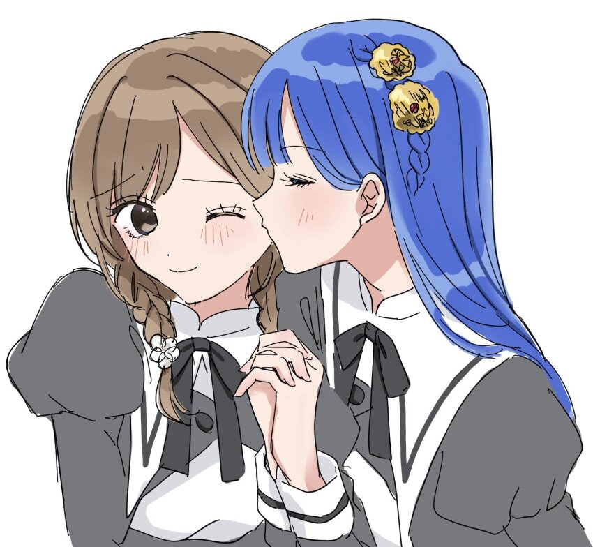 2girls arm_at_side assault_lily black_ribbon blush braid brown_eyes buttons closed_eyes closed_mouth commentary_request cropped_jacket flower gem gem_hair_ornament hair_flower hair_ornament hand_up highres holding_hands interlocked_fingers juliet_sleeves kiss kissing_cheek long_hair long_sleeves looking_at_another low_twin_braids low_twintails multiple_girls neck_ribbon one_eye_closed profile puffy_sleeves raised_eyebrow red_gemstone ribbon rokkaku_shiori school_uniform shakeza shirt side_braid simple_background sketch smile taniguchi_hijiri twin_braids twintails upper_body white_background white_flower white_shirt yuri yurigaoka_girls_academy_school_uniform