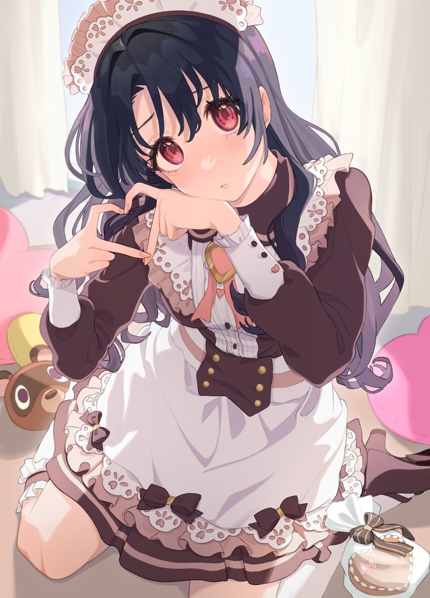 1girl four-finger_heart_hands absurdres alternate_costume apron black_hair blush brown_dress brown_footwear commentary dress enmaided fingernails frilled_shirt_collar frills head_tilt heart heart_hands highres idolmaster idolmaster_million_live! indoors kneehighs long_hair long_sleeves looking_at_viewer maid red_eyes sitting socks solo takayama_sayoko tanupon very_long_hair wariza white_apron white_socks