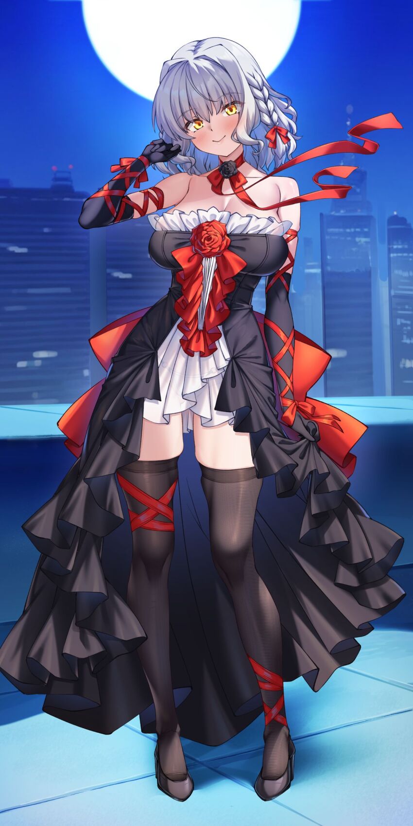 1girl absurdres bell_zephyr black_shoes black_thighhighs blush braid closed_mouth commentary_request dress full_moon grey_hair high_heels highres looking_at_viewer moon night night_sky night_wizard off-shoulder_dress off_shoulder outdoors ribbon shirokuma_a shoes short_hair sky smile solo thighhighs yellow_eyes