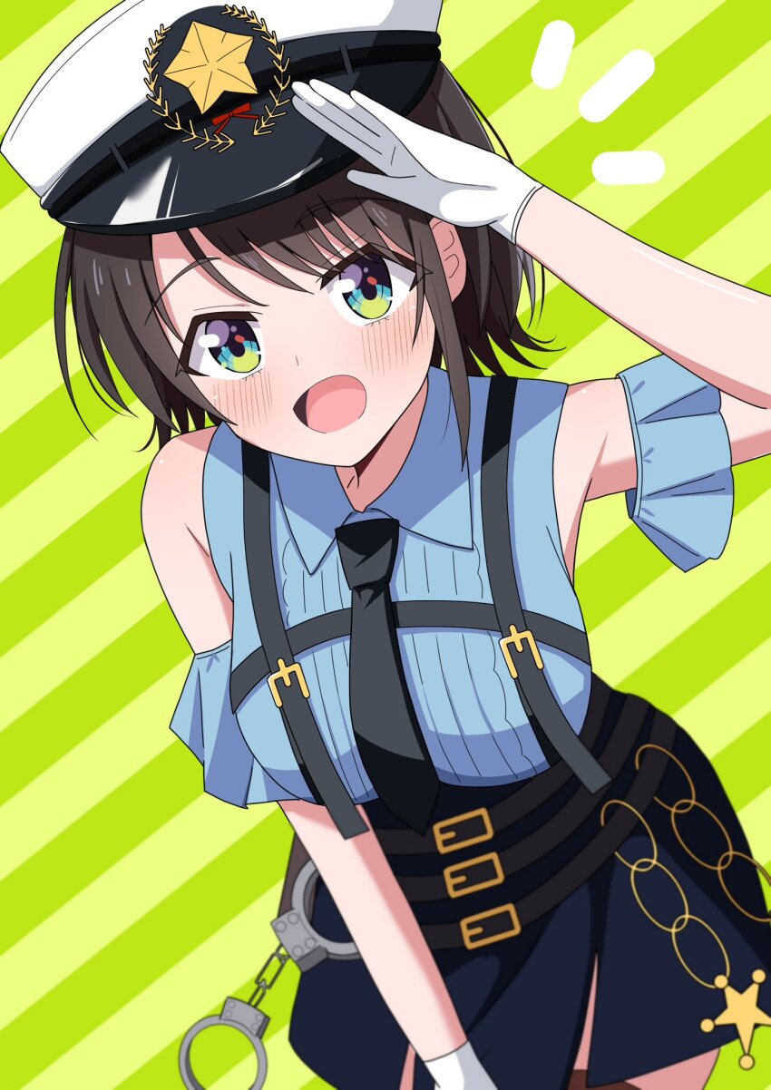 1girl aqua_eyes black_skirt blue_shirt blush brown_hair cuffs gloves handcuffs hat highres hololive hosinonana looking_at_viewer official_alternate_costume oozora_subaru oozora_subaru_(police) open_mouth police_hat salute shirt short_hair skirt solo suspender_skirt suspenders virtual_youtuber white_gloves white_hat
