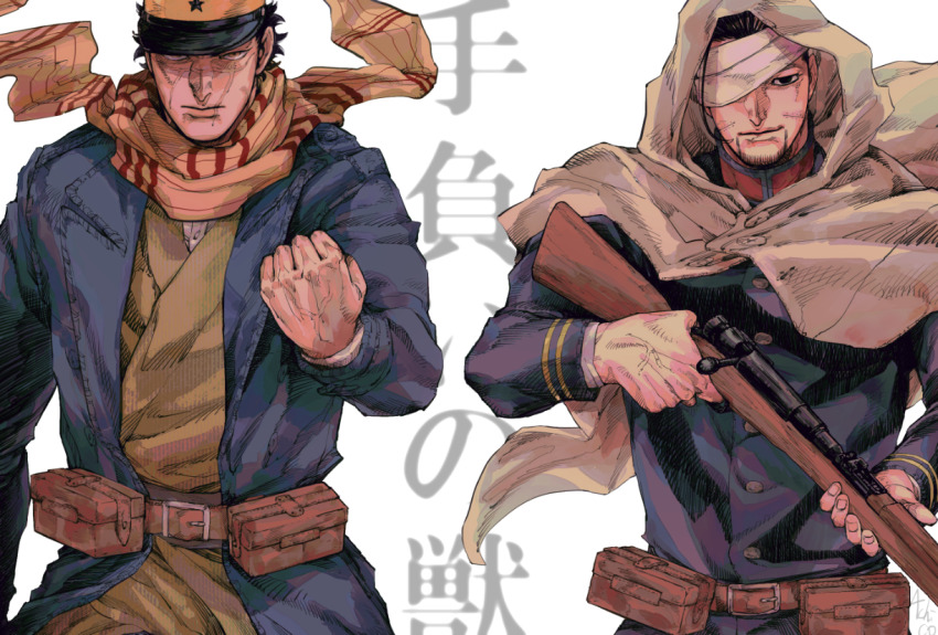 2boys achio888 beard black_eyes blue_hat blue_jacket clenched_hand cloak closed_mouth facial_hair golden_kamuy gun hat holding holding_gun holding_weapon hood hood_up hooded_cloak jacket looking_at_viewer male_focus mature_male multiple_boys ogata_hyakunosuke rifle scar scar_on_face sugimoto_saichi translation_request veins veiny_hands weapon