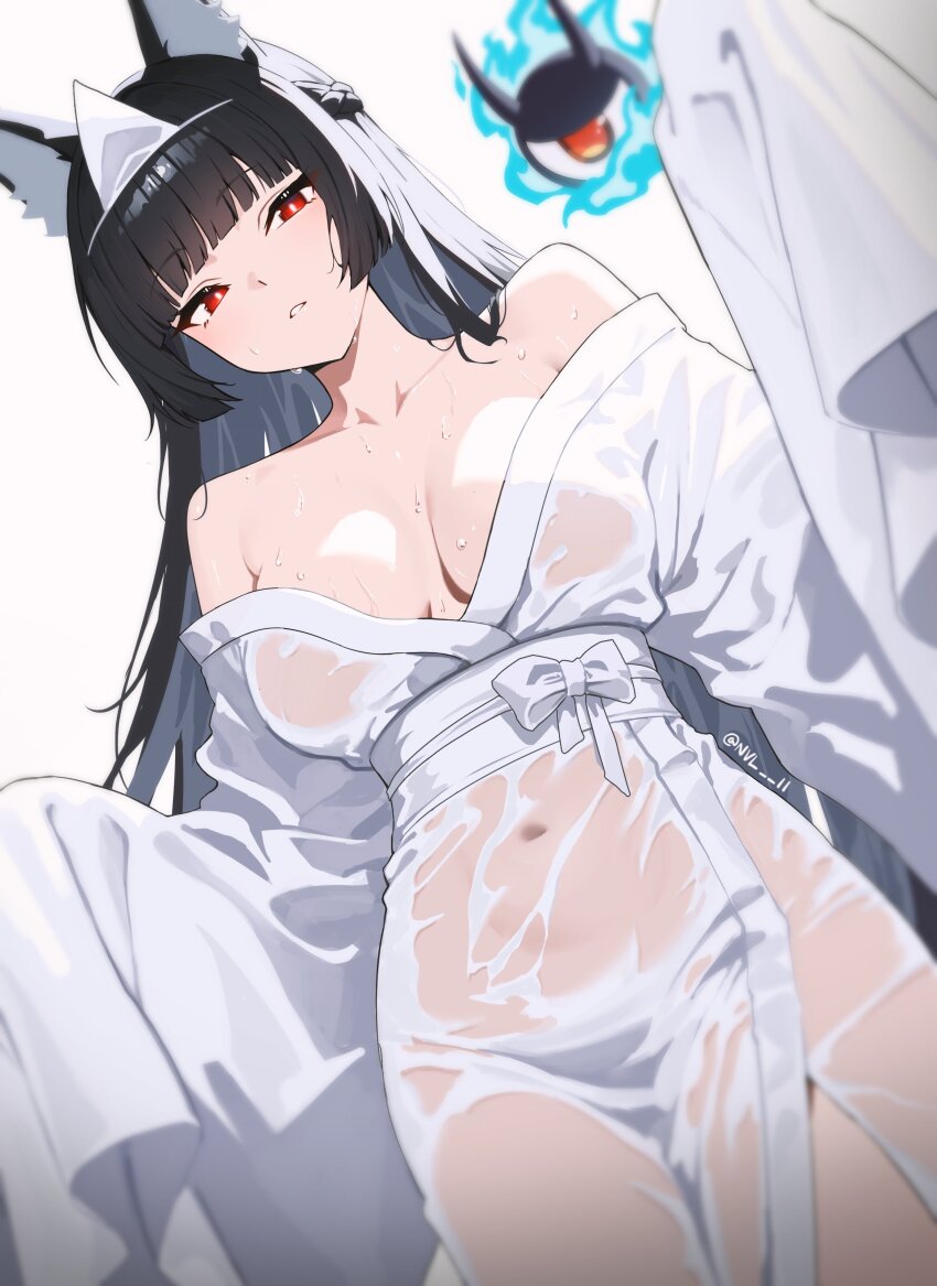 1girl absurdres animal_ear_fluff animal_ears black_hair blunt_bangs braid breasts breasts_apart collarbone commentary fox_ears fox_girl from_below grey_background half_up_braid halloween_costume hands_up highres hoshimi_miyabi large_breasts long_hair long_sleeves looking_at_viewer looking_down navel nvl off_shoulder parted_lips red_eyes robe simple_background solo tailless_(zenless_zone_zero) wet white_robe zenless_zone_zero