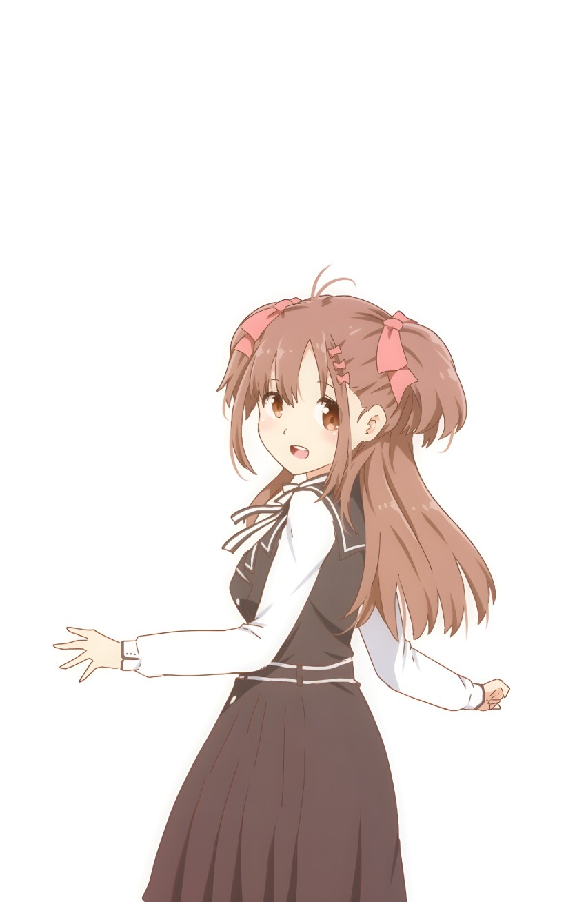 1girl 22/7 :d absurdres belt black_belt black_dress bow brown_eyes brown_hair buttons cowboy_shot dress from_behind hair_bow hair_ornament highres hitorilily keisanchuu_new_costume long_hair long_sleeves looking_at_viewer looking_back neck_ribbon open_mouth pinafore_dress pink_bow pleated_dress ribbon sera_honoka shirt shirt_under_dress simple_background sleeveless sleeveless_dress smile solo standing teeth two_side_up upper_teeth_only white_background white_ribbon white_shirt