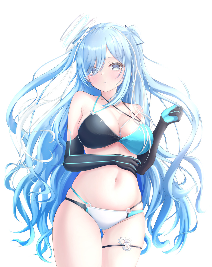 1girl arm_across_waist bikini black_bikini black_gloves blue_bikini blue_gloves blue_hair blush breasts bright_pupils colored_eyelashes cowboy_shot criss-cross_straps elbow_gloves gears gloves gluteal_fold grey_eyes hair_ornament hair_over_one_eye highres large_breasts long_hair looking_at_viewer miyashun0 multi-strapped_bikini_bottom multi-strapped_bikini_top multicolored_gloves multicolored_hair multicolored_swimsuit navel o-ring o-ring_bikini parted_lips skindentation solo spaghetti_strap stomach streaked_hair swimsuit thigh_strap toono_oto transparent_background two-tone_gloves two_side_up varium very_long_hair virtual_youtuber white_bikini white_hair white_pupils