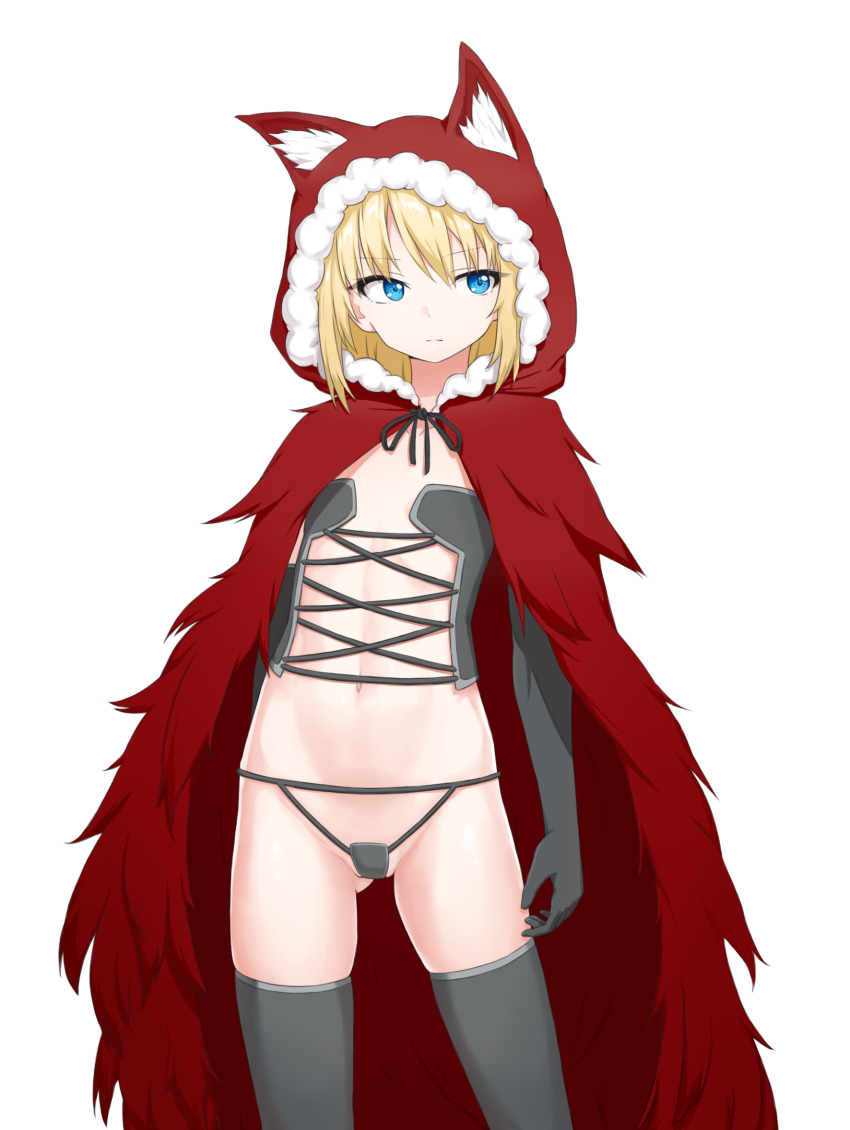 1girl black_souls blonde_hair blue_eyes cloak elbow_gloves expressionless flat_chest gloves highres looking_to_the_side navel red_cloak red_hood red_hood_(black_souls) revealing_clothes ribbonsnek solo thighhighs transparent_background wolf_hood