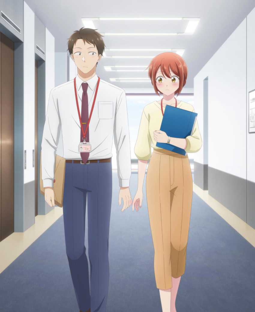 1boy 1girl anime_coloring belt belt_buckle binder blue_pants blush breast_pocket brown_belt brown_eyes brown_hair brown_necktie brown_pants buckle capri_pants ceiling collarbone collared_shirt couple envelope floor hallway highres holding holding_binder holding_envelope id_card indoors kono_kaisha_ni_suki_na_hito_ga_imasu lanyard light_blush light_frown long_sleeves looking_at_another looking_to_the_side manila_envelope mitsuya_yui necktie official_art pants pocket red_hair sanpaku shirt shirt_tucked_in short_hair shy sideways_glance tateishi_masugu textless_version three-quarter_sleeves tie_clip very_short_hair walking watch white_shirt wristwatch yellow_shirt