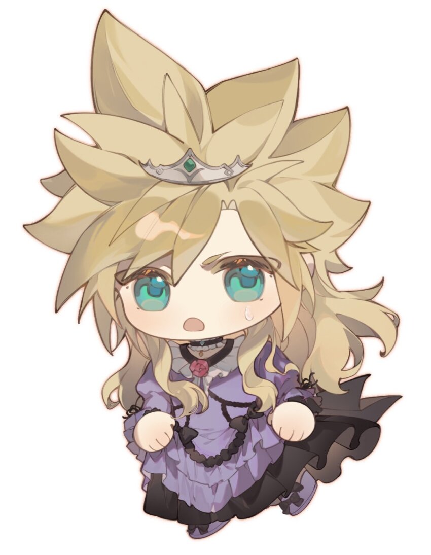 1boy back_bow black_trim blonde_hair blue_eyes blush bow chibi chibi_only choker cloud_strife cloud_strife_(ball_gown) collar crossdressing dress final_fantasy final_fantasy_vii final_fantasy_vii_remake frilled_collar frilled_dress frills highres long_dress long_hair male_focus maomaoyu official_alternate_costume open_mouth pendant_choker purple_dress ribbon_choker spiked_hair tiara