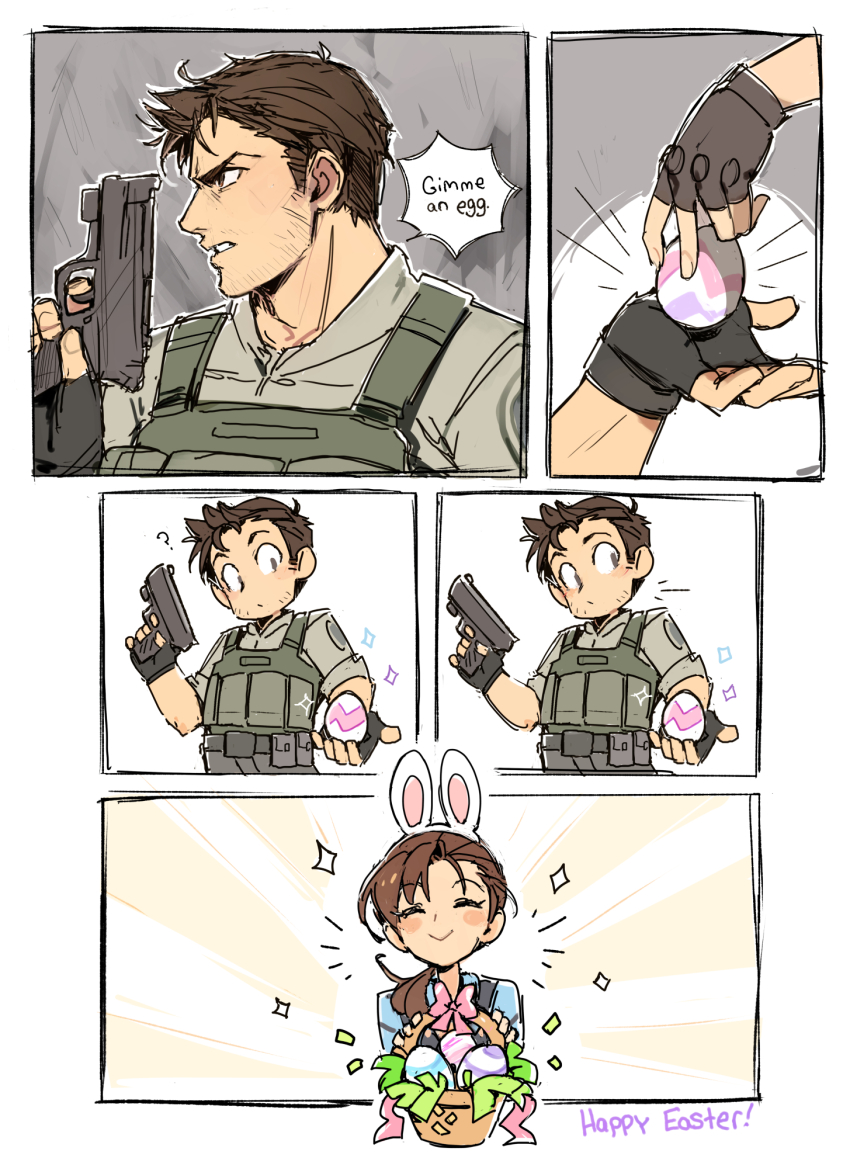 1boy 1girl almightychiru animal_ears basket brown_hair chris_redfield closed_eyes egg gun happy_easter highres holding holding_gun holding_weapon jill_valentine rabbit_ears resident_evil resident_evil_5 smile sparkle speech_bubble weapon white_background