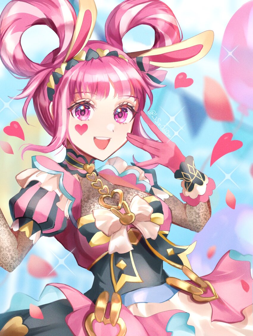 1girl alternate_costume animal_ears black_dress breasts dress fake_animal_ears fire_emblem fire_emblem_engage heart highres hortensia_(fire_emblem) looking_at_viewer medium_breasts nintendo open_mouth pink_dress pink_eyes pink_hair puffy_short_sleeves puffy_sleeves rabbit_ears rabbit_ornament ribbon short_sleeves sidelocks smile solo sparkle_background upper upper_body white_hair youhei_choregi