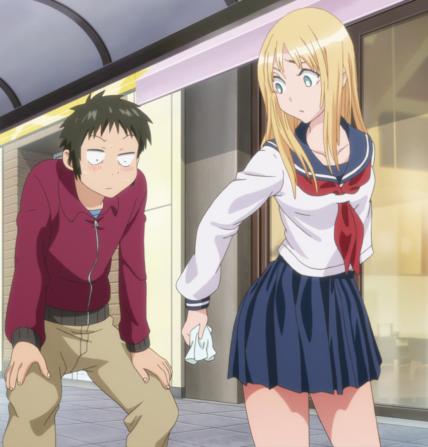 1boy 1girl anime_screenshot black_hair blonde_hair blue_skirt blush breasts brown_pants closed_eyes collarbone dot_nose green_eyes handkerchief highres jacket kyou_no_asuka_show kyouno_asuka long_hair long_sleeves miniskirt nervous nervous_sweating pants pleated_skirt red_jacket school_uniform serafuku short_hair skirt small_breasts sweat sweatdrop thighs white_serafuku