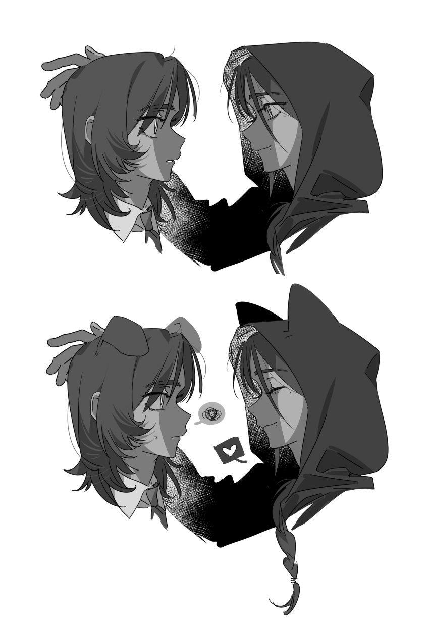 2girls absurdres animal_ears chinese_commentary closed_eyes commentary_request dog_ears friendly_rivalry greyscale headpat heart highres hood hood_up kemonomimi_mode molu_stranger monochrome multiple_girls smile spoken_heart spoken_squiggle squiggle woo_seul-gi yoo_je-i