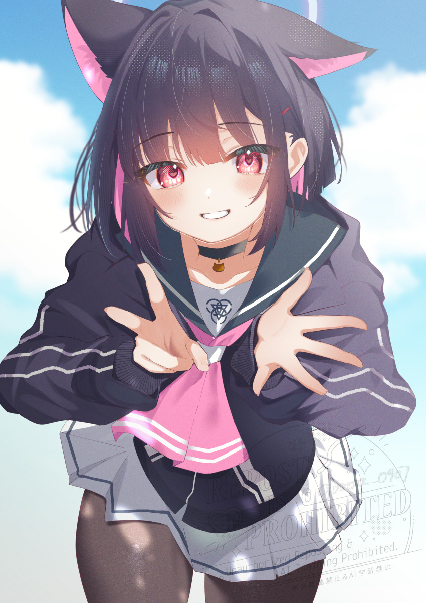 1girl absurdres animal_ears ascot black_choker black_hair black_jacket black_pantyhose blue_archive cat_choker cat_ears cat_girl choker colored_inner_animal_ears colored_inner_hair green_sailor_collar highres jacket kazama_gorou kazusa_(blue_archive) looking_at_viewer multicolored_hair open_hand pantyhose pink_ascot pink_hair sailor_collar short_hair sidelocks skirt smile solo v white_skirt