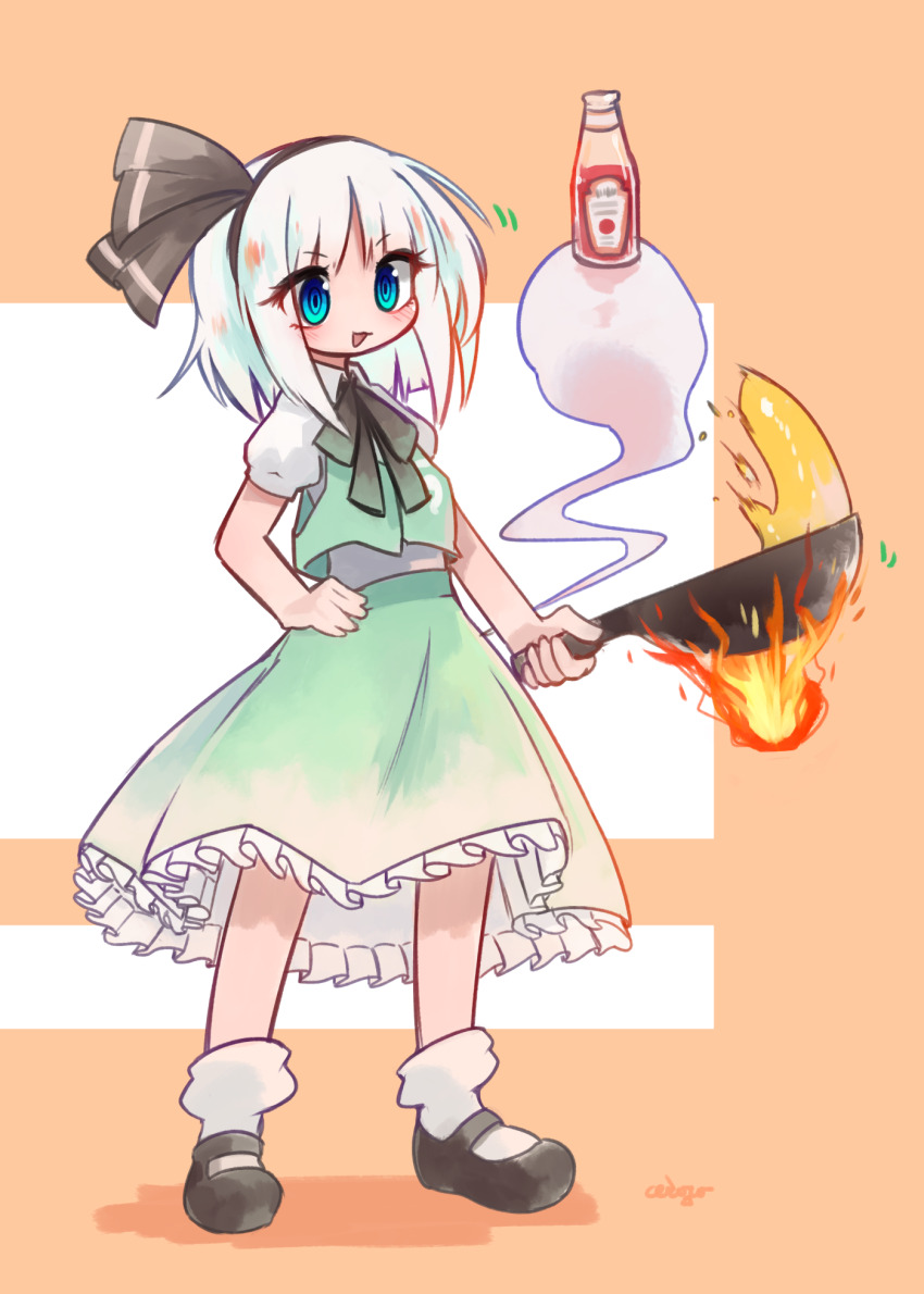 1girl black_hairband black_ribbon black_shoes blue_eyes bowl ceroro fire green_skirt hairband highres holding holding_bowl ketchup konpaku_youmu konpaku_youmu_(ghost) mary_janes ribbon shoes short_hair skirt socks solo touhou white_hair white_socks