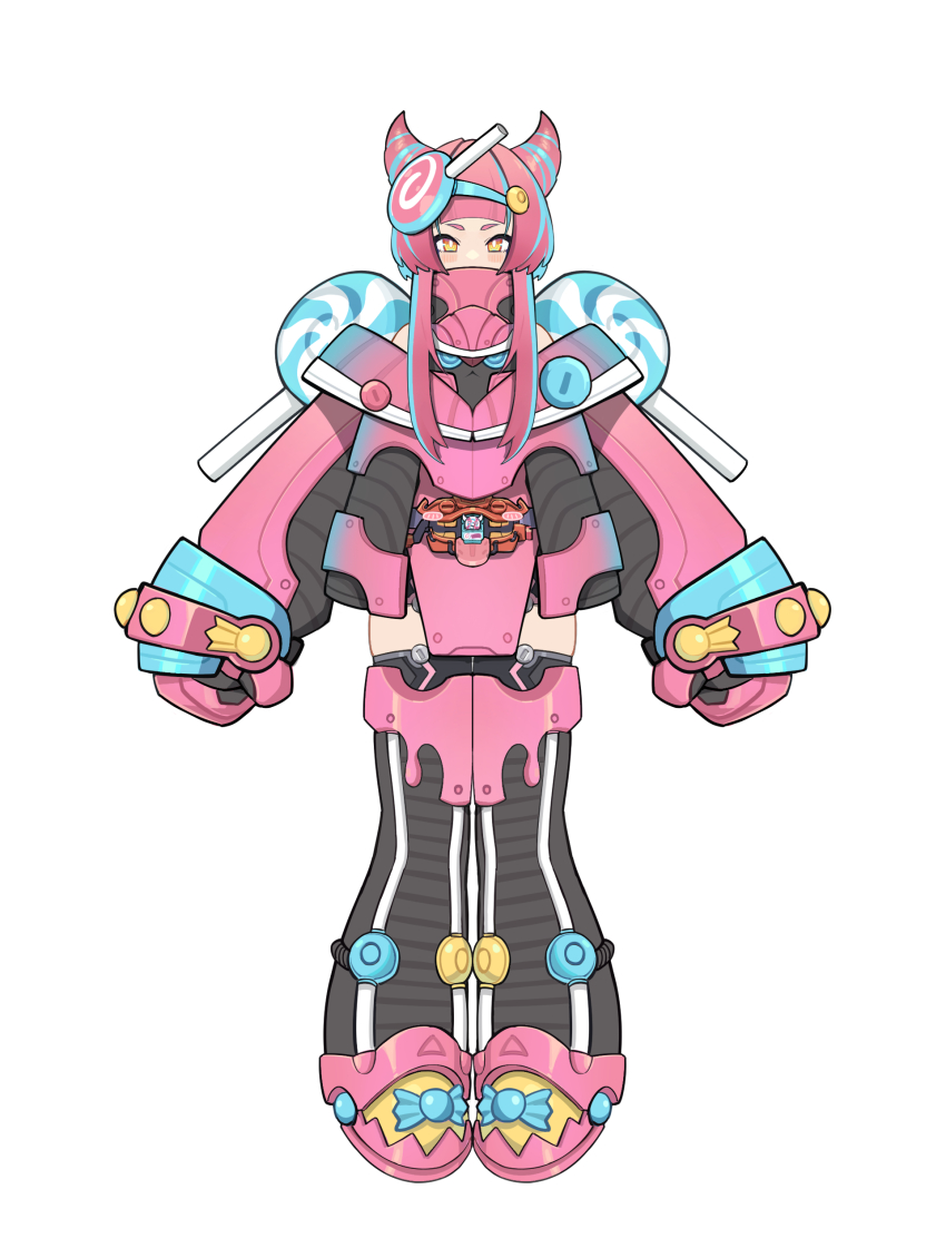 1girl absurdres adk-em armor bandai bandai_namco black_thighhighs boots candy food full_body gochizou goz-zz gurucan gurucan_gochizou henshin_belt_gavv highres ishimori_prod kamen_rider kamen_rider_gavv kamen_rider_gavv_(series) kamen_rider_gavv_gurucan_form lollipop long_hair looking_at_viewer multicolored_hair personification pink_armor pink_boots pink_hair power_armor rider-tan rider_belt simple_background solo standing straight-on swirl_lollipop thighhighs toei_company tokusatsu tv_asahi white_background yellow_eyes