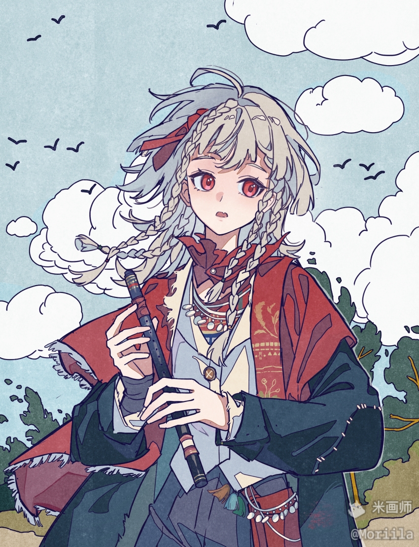 1girl absurdres black_coat black_pants blue_sky bow cape cloud cloudy_sky coat day fang flute grey_hair hair_bow highres holding holding_flute holding_instrument instrument jacket looking_to_the_side moriila open_mouth outdoors pants quad_braids red_bow red_cape red_eyes reverse:1999 rubuska simple_bird skin_fang sky solo tree upper_body watermark white_jacket