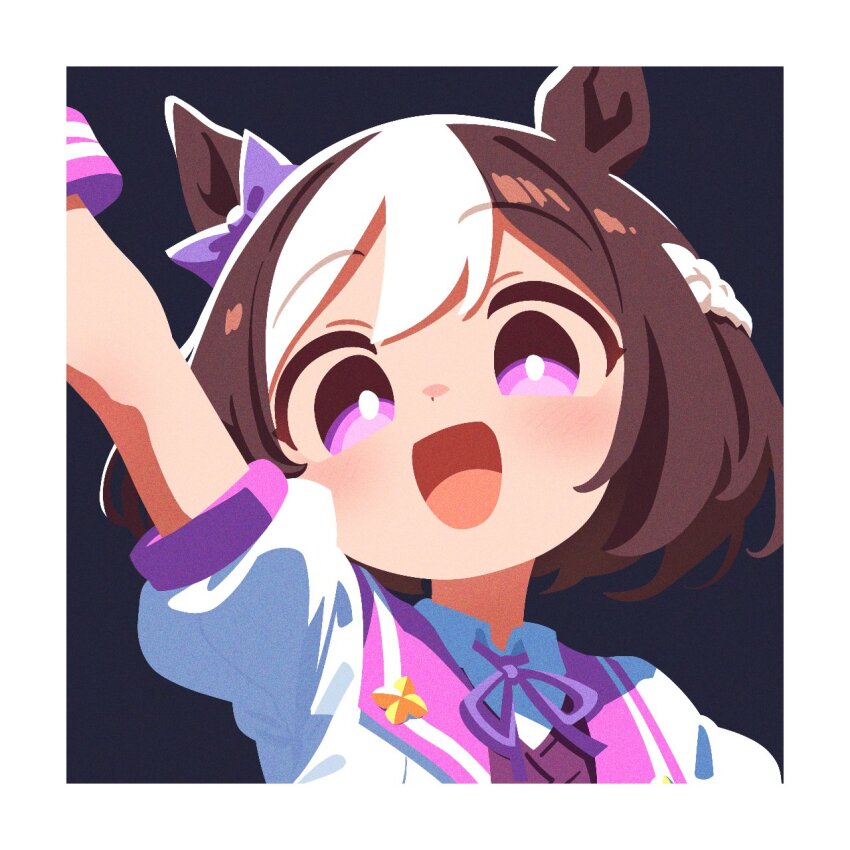 1girl :d animal_ears arm_up bow brown_hair ear_bow highres horse_ears horse_girl looking_at_viewer multicolored_hair neck_ribbon open_mouth puffy_short_sleeves puffy_sleeves purple_bow purple_eyes purple_ribbon ribbon short_hair short_sleeves smile solo special_week_(umamusume) two-tone_hair umamusume waonaolmao white_hair