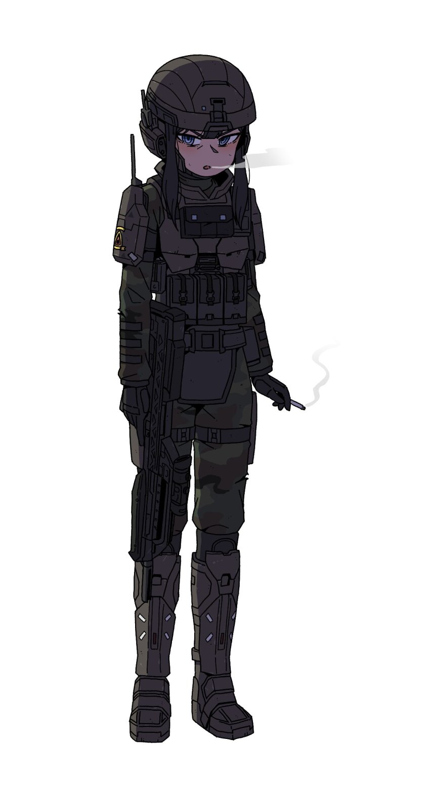 1girl armored_boots between_fingers black_gloves black_hair blue_eyes boots brown_boots brown_helmet camouflage camouflage_jacket camouflage_pants cigarette commentary commission english_commentary full_body gloves green_jacket green_pants gun helmet highres holding holding_cigarette holding_gun holding_weapon jacket karepack knee_boots long_hair looking_at_viewer original pants parted_lips scope simple_background smoke smoking solo standing weapon weapon_request white_background