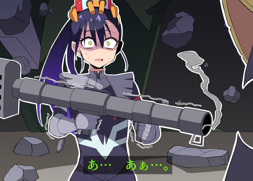 2girls bazooka_(gundam) cape conch_(gundam) gundam gundam_gquuuuuux highres himiya_jouzu holding holding_weapon kycilia_zabi long_hair mecha_pilot_suit military_uniform multiple_girls normal_suit_(gundam) nyaan_(gundam_gquuuuuux) open_mouth rocket_launcher rpg_(weapon) science_fiction shaking surprised sweatdrop weapon wide-eyed yellow_eyes zeon