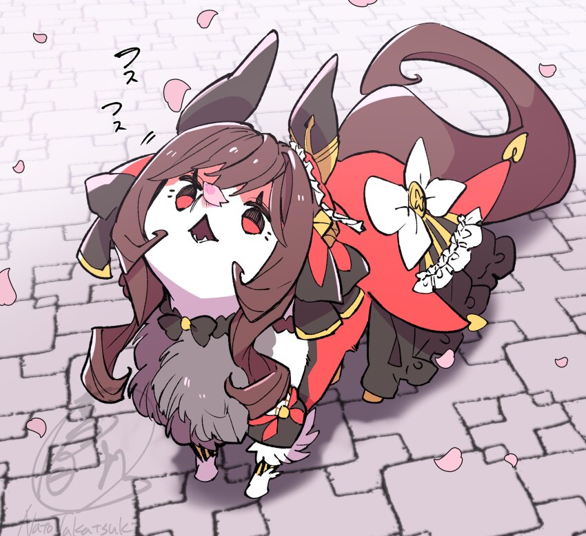 animalization artist_name black_bow black_bowtie bow bowtie brown_hair commentary creature ear_covers ear_ornament falling_petals frills gentildonna_(umamusume) hair_bow highres horse_tail looking_up no_humans outdoors petal_on_nose petals red_eyes sidelocks signature spring_(season) tail takatsuki_nato translated umamusume watermark