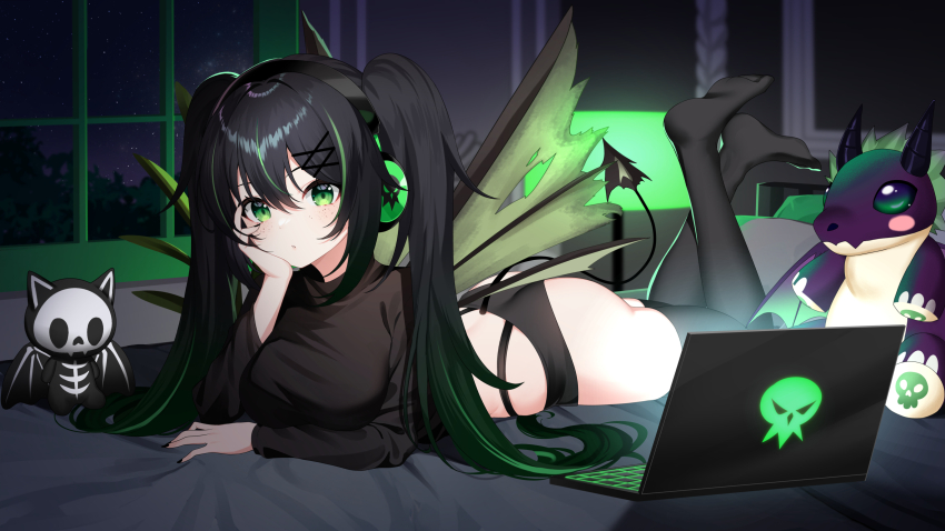 1girl ass black_hair black_nails black_panties black_shirt black_thighhighs blush_stickers breasts computer demon_tail freckles green_eyes green_hair hand_on_own_cheek hand_on_own_face headphones highres indie_virtual_youtuber laptop long_hair lying multicolored_hair on_bed on_stomach panties sakotach shirt skya_noire solo streaked_hair stuffed_animal stuffed_dragon stuffed_toy tail thighhighs torn_wings twintails underwear virtual_youtuber window wings