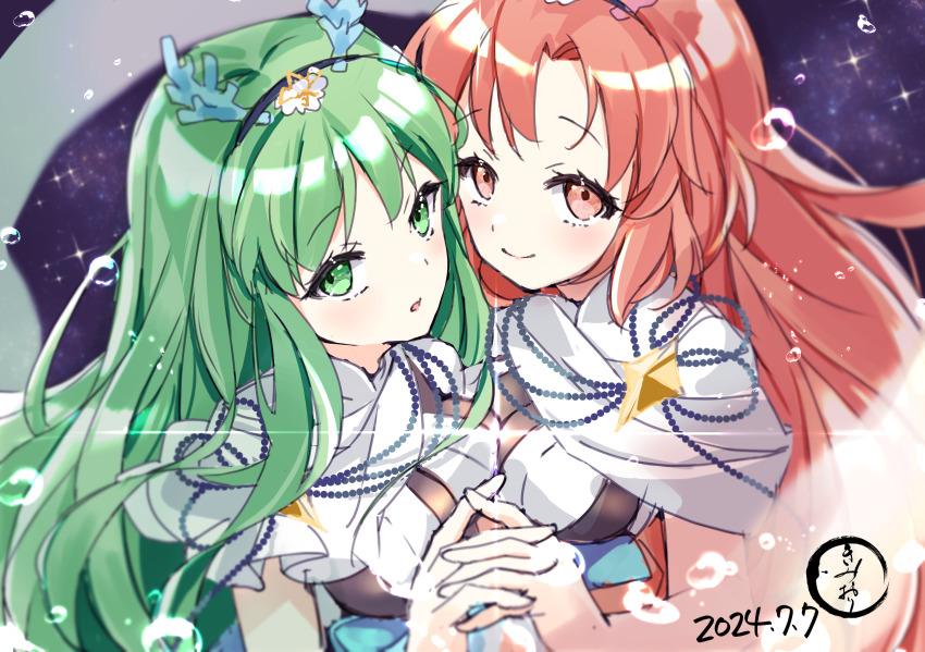 2girls breasts bubble coral_hair_ornament dated fate/grand_order fate_(series) green_eyes green_hair hibino_hibiki highres holding_hands katsuragi_chikagi kimiori_(yuapple241) long_hair medium_breasts multiple_girls orange_eyes orange_hair signature smile